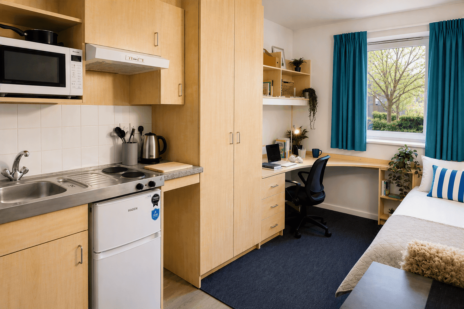 Ensuite studio with a fitted kitchen, desk and double bed